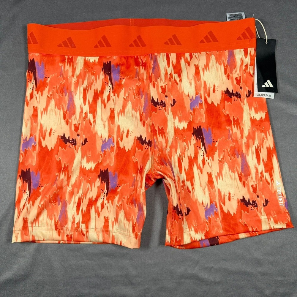 Adidas Techfit Women XL Orange Abstract Print Training Shorts Gym Workout‎